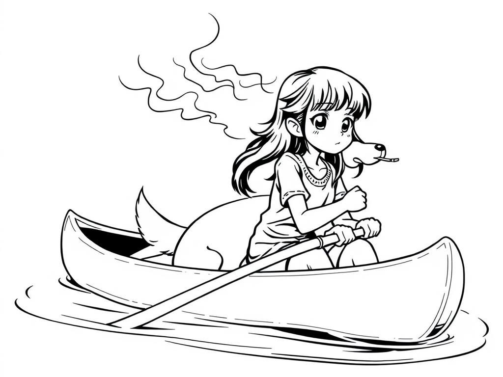 smoking manga girl with a brown dog  on big canoe and  looking both at right