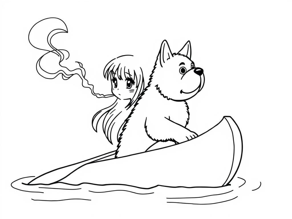 smoking manga girl with a brown dog  on big canoe and  looking both at right