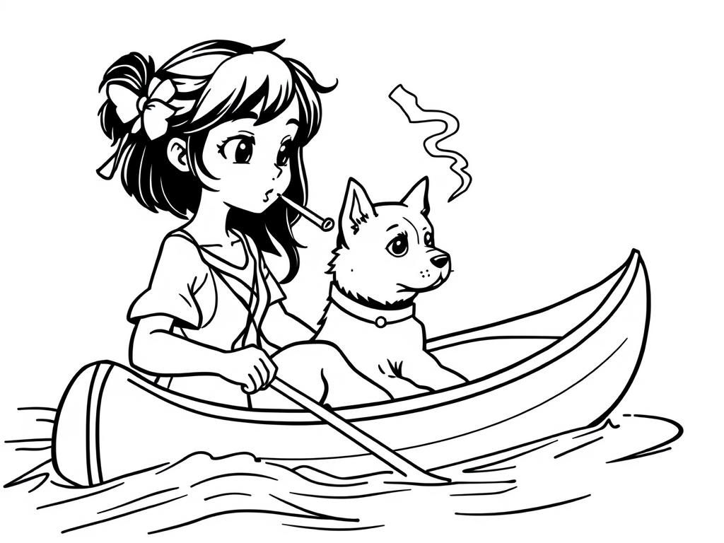 smoking manga girl with a brown dog  on big canoe and  looking both at right