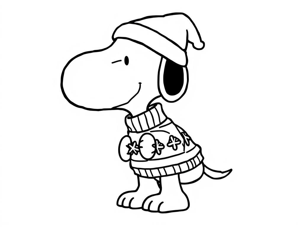 Snoopy in a Christmas sweater - Free Printable Coloring Page