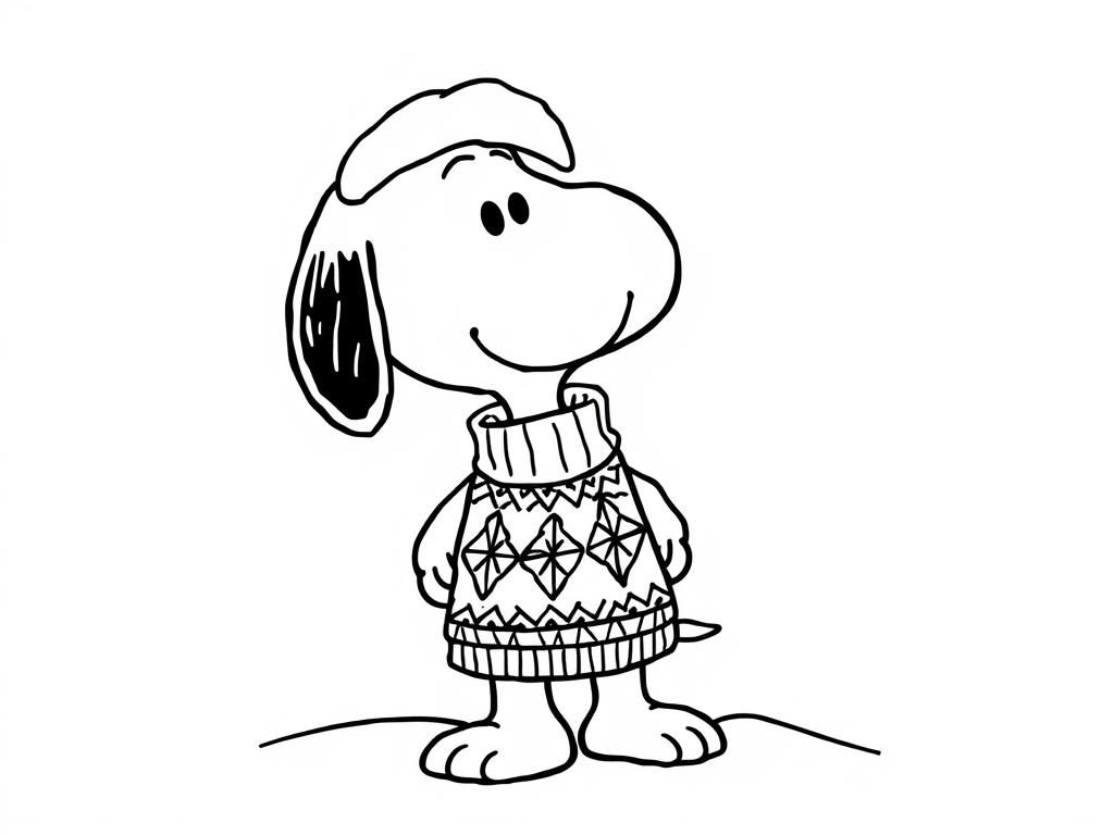 Snoopy in Christmas sweater - Free Printable Coloring Page