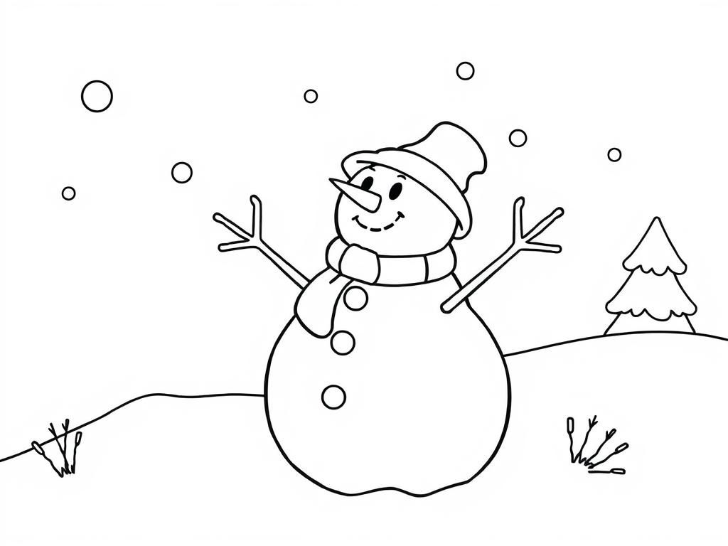 snowman with environment - Free Printable Coloring Page
