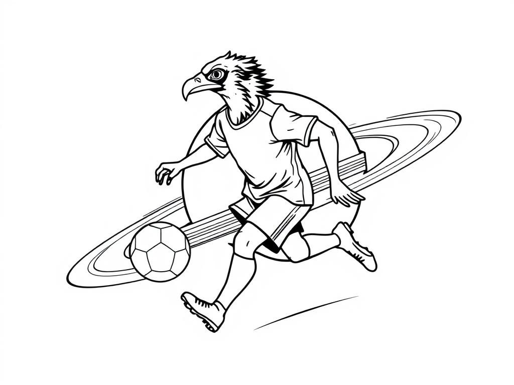 Soccer player with an osprey head dribbling a ball on a ring of Saturn