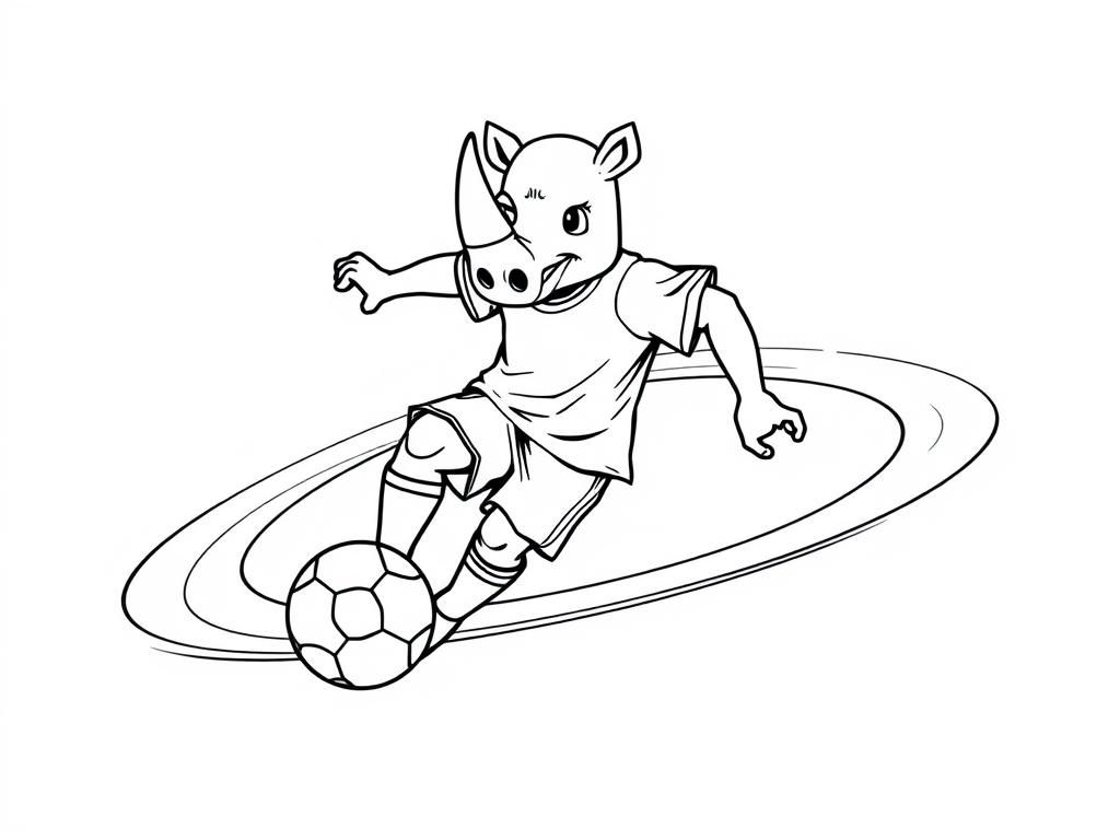 Soccer player with rhinoceros head dribbling a ball on a ring of Saturn