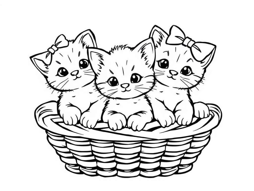 Some baby cats with bows on their heads in a basket