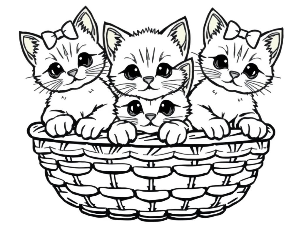 Some baby cats with bows on their heads in a basket