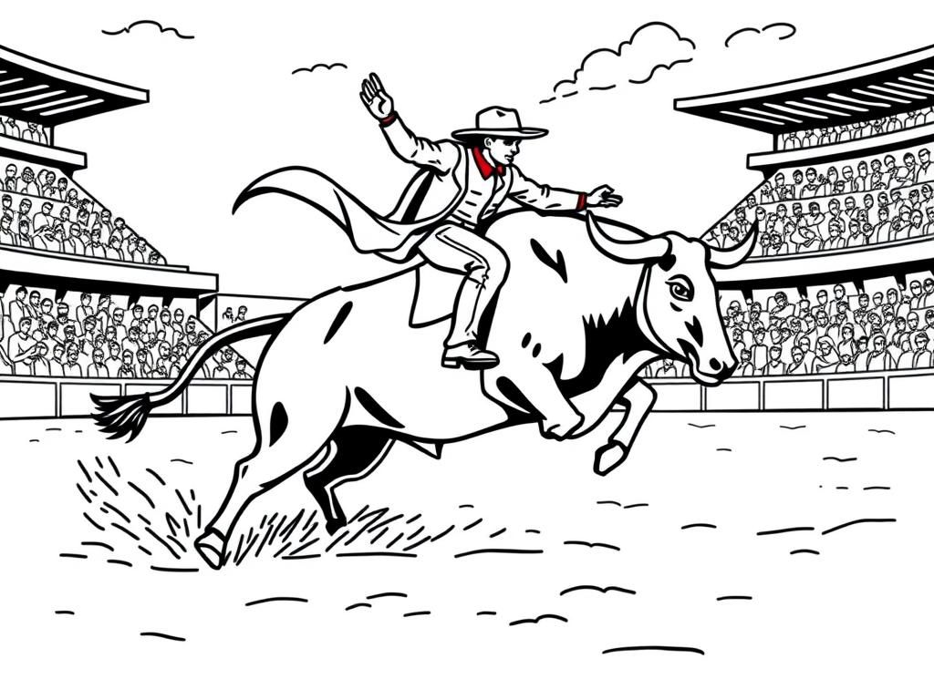 someone riding a bull stadium in background with fans