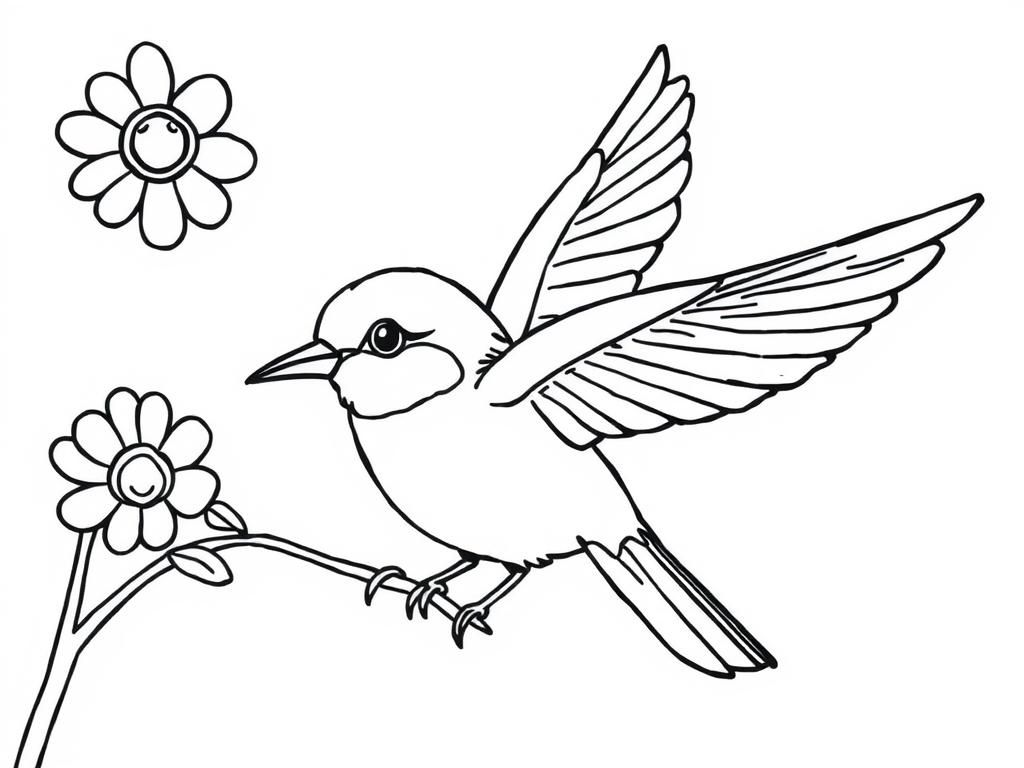 Bird on a Flower Branch Coloring Page