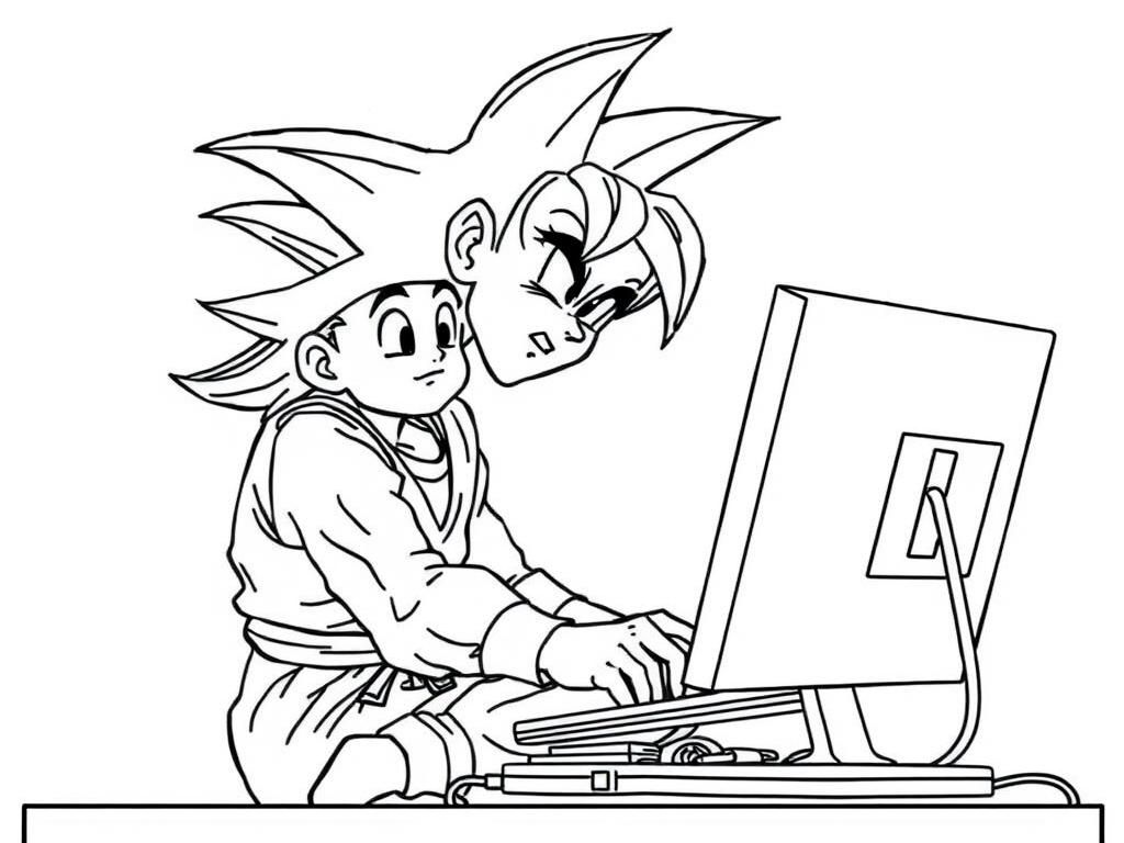 son goku playing with computer with shen long