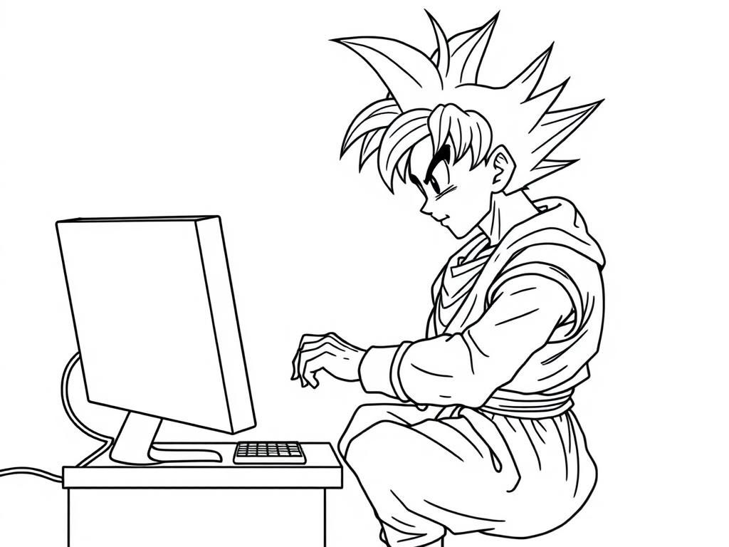 son goku playing with computer with shen long