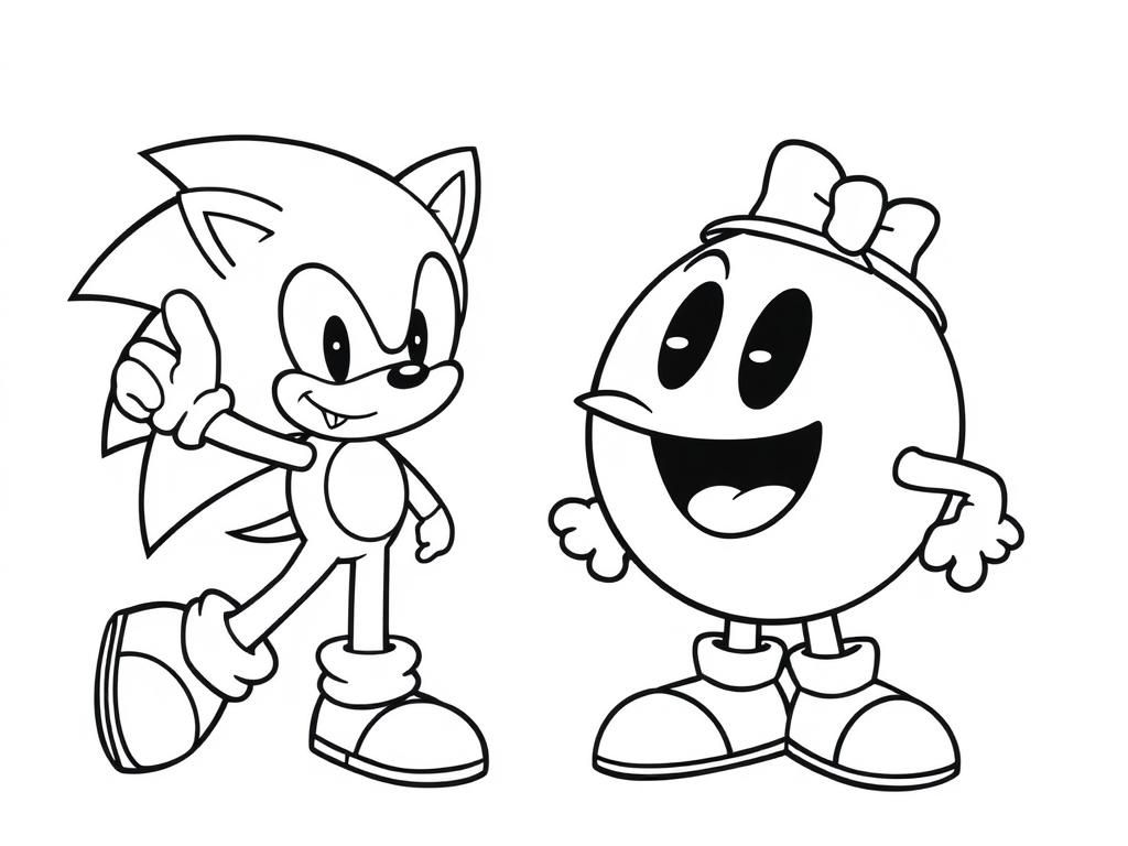 Cartoon Character Sonic and Cuphead Coloring Page