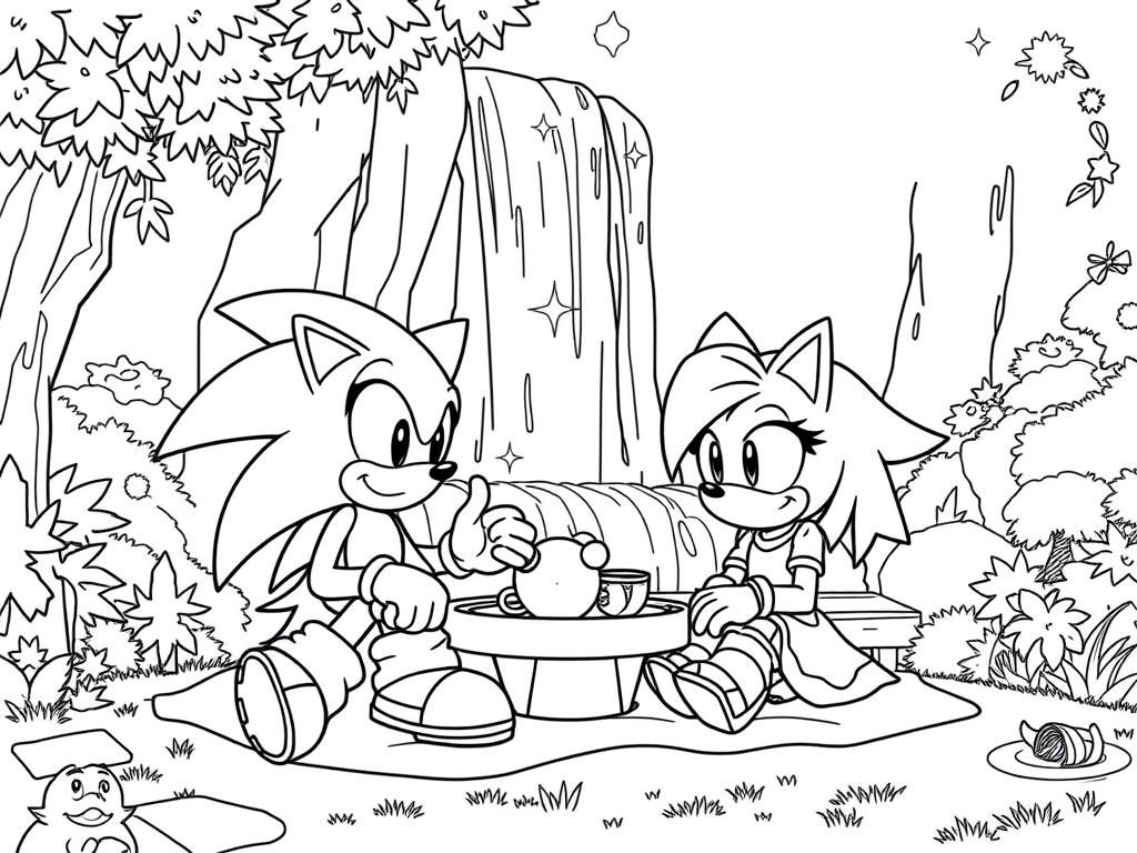 Sonic the Hedgehog and Amy Rose having a picnic near a sparkling waterfall, with Chao playing around them. - Free Printable Coloring Page