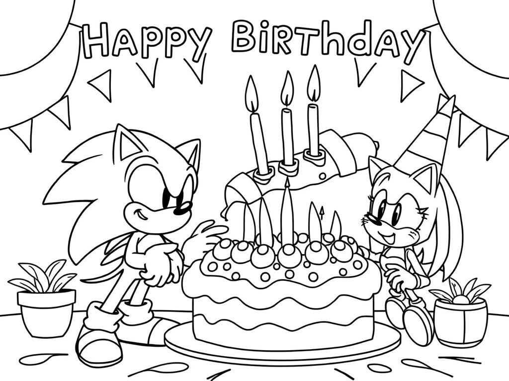 Sonic the Hedgehog and his friends celebrating a birthday party with a giant chili dog cake. - Free Printable Coloring Page