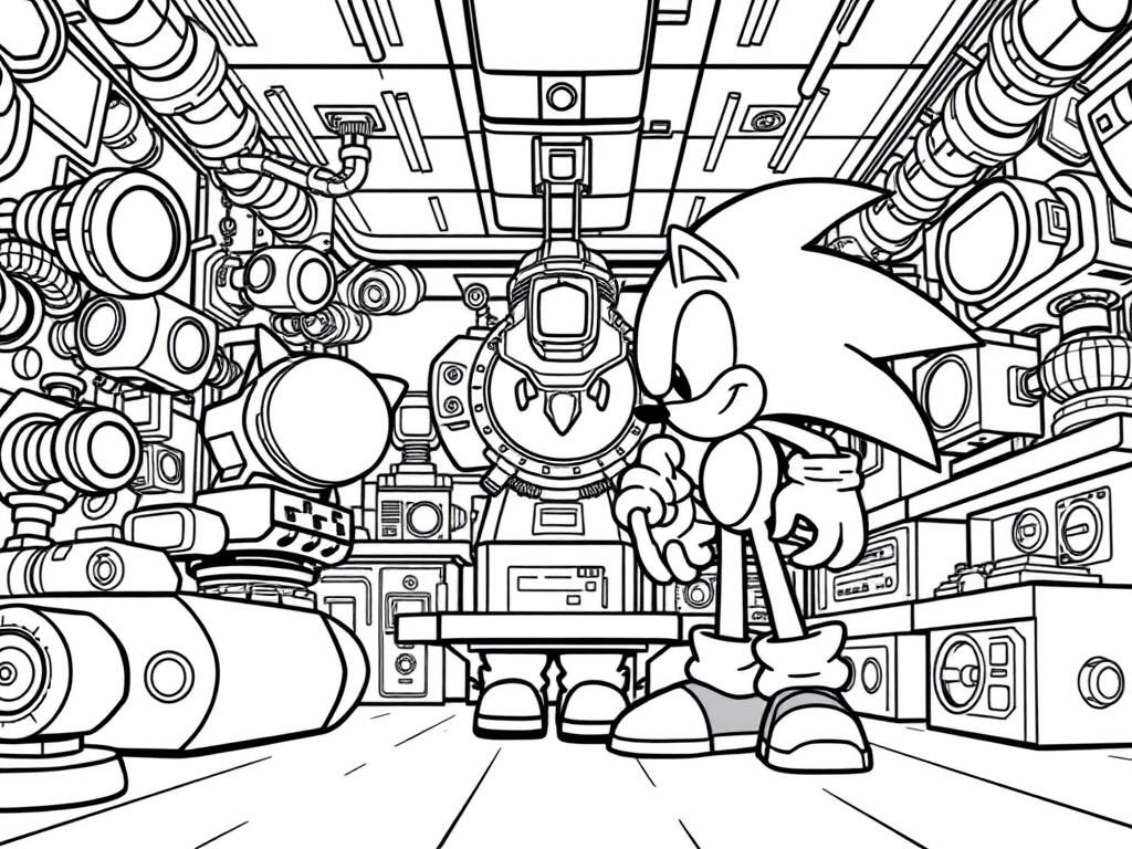 Sonic the Hedgehog facing off against Dr. Eggman in a high-tech laboratory filled with robots and gadgets. - Free Printable Coloring Page