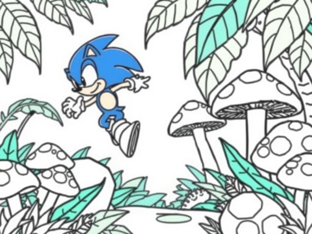 Sonic the Hedgehog jumping between giant mushrooms in a vibrant, otherworldly jungle zone. - Free Printable Coloring Page