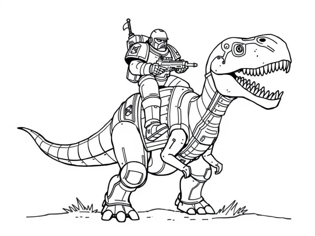 Futuristic Soldier on Robo T-Rex Coloring Page