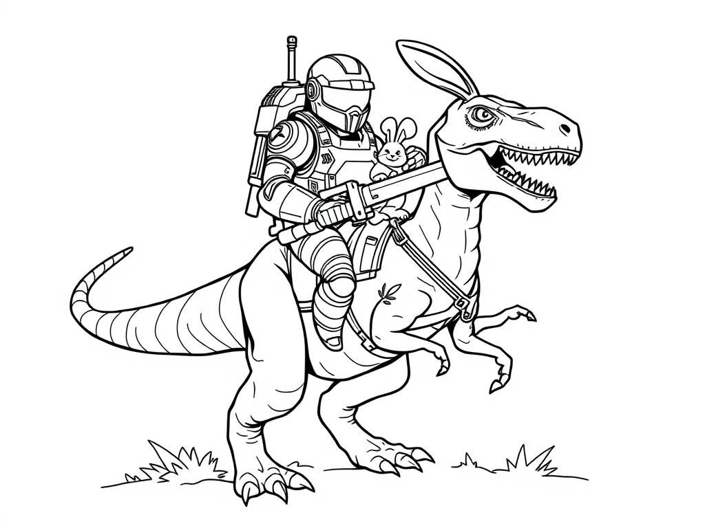 space marine riding a velociraptor, holding a pet bunny and a power sword - Free Printable Coloring Page