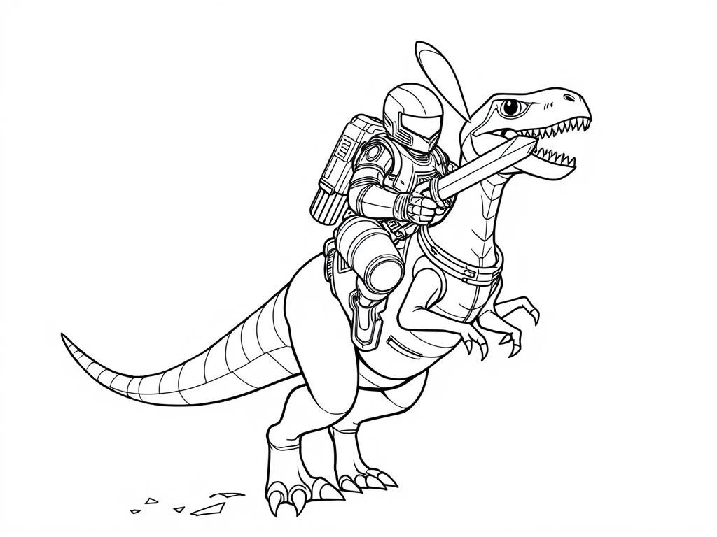 space marine riding a velociraptor, holding a pet bunny and a power sword - Free Printable Coloring Page