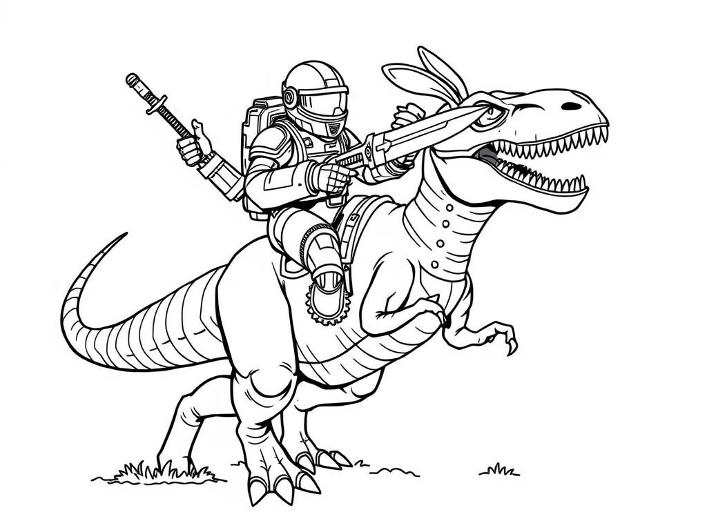 space marine riding a velociraptor, holding a pet bunny and a power sword - Free Printable Coloring Page