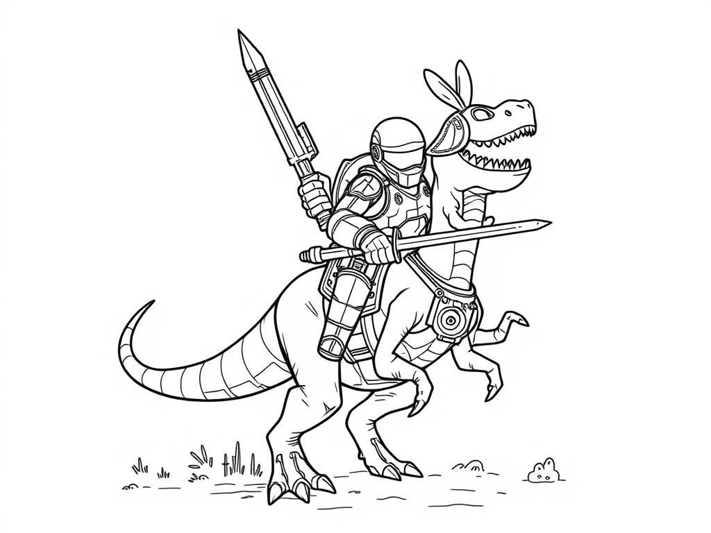 space marine riding a velociraptor, holding a power sword in one hand and a pet bunny in the other - Free Printable Coloring Page