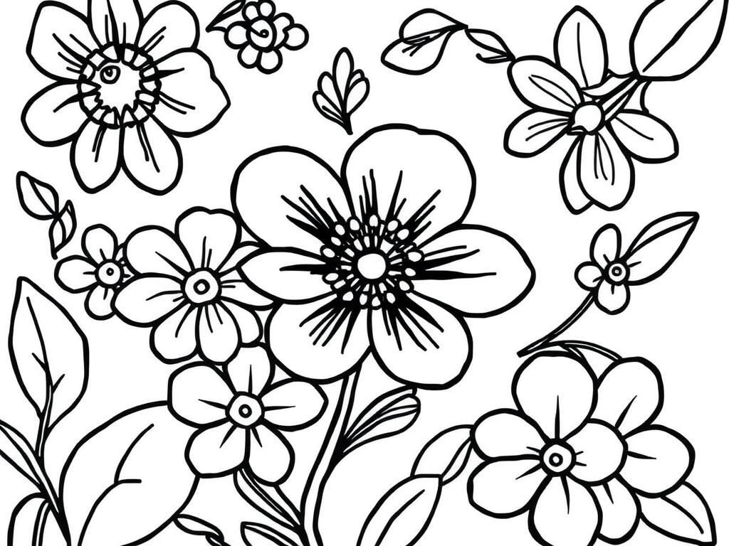 Delicate Flowers and Leaves Coloring Page