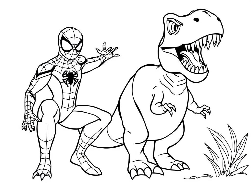 Spiderman and T-Rex Coloring Page: A Dino-Mite Adventure Awaits!