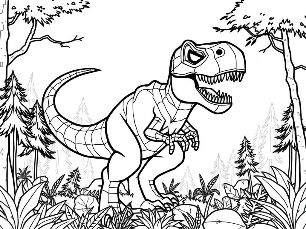 Dinosaurs Coloring Page: Tyrannosaurus Rex in the Prehistoric Forest