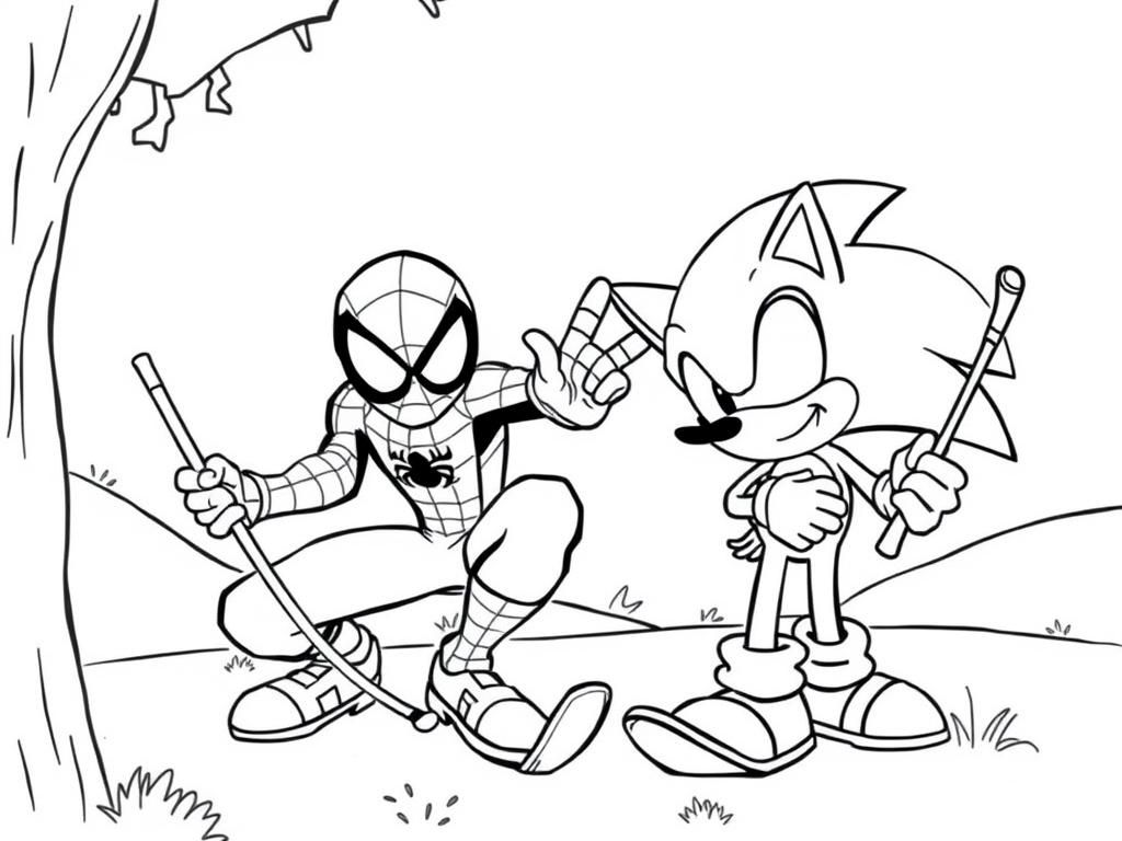 spider man and sonic golfing - Free Printable Coloring Page