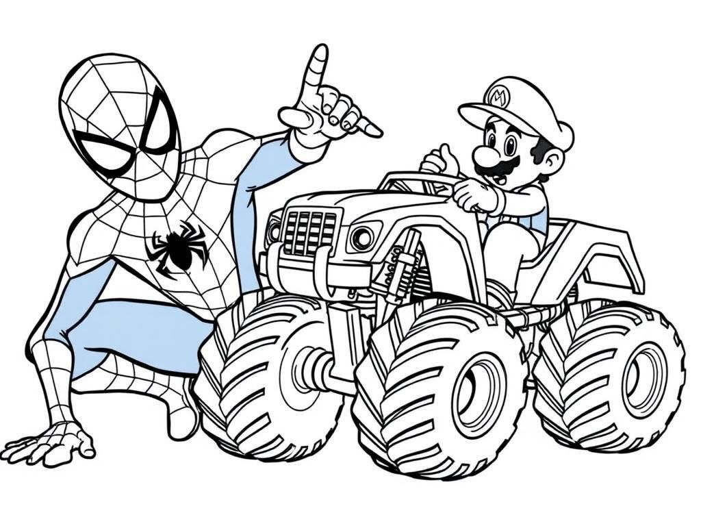 spider man as one character  and super Mario character  playing with monster trucks toys - Free Printable Coloring Page
