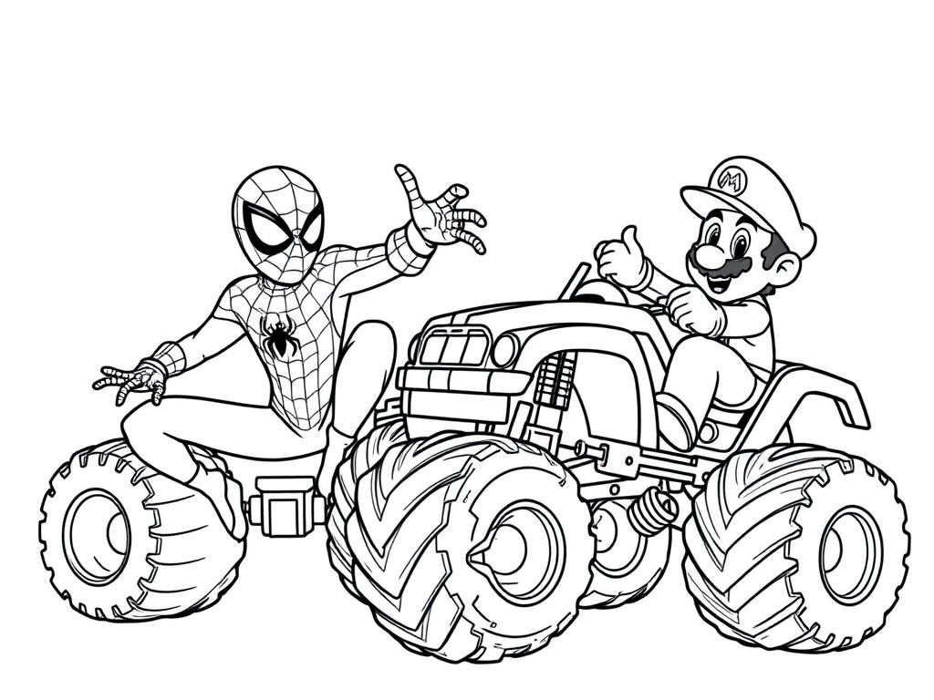 Spider-Man and Mario Monster Truck Coloring Page