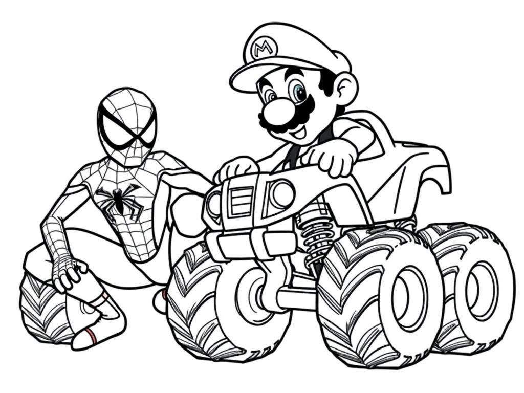 Spider-Man and Mario Monster Truck Coloring Page