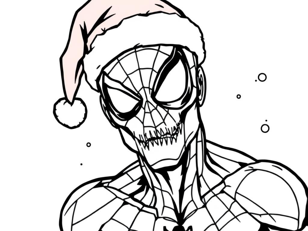 Spider-Man with a Christmas hat as a zombie - Free Printable Coloring Page