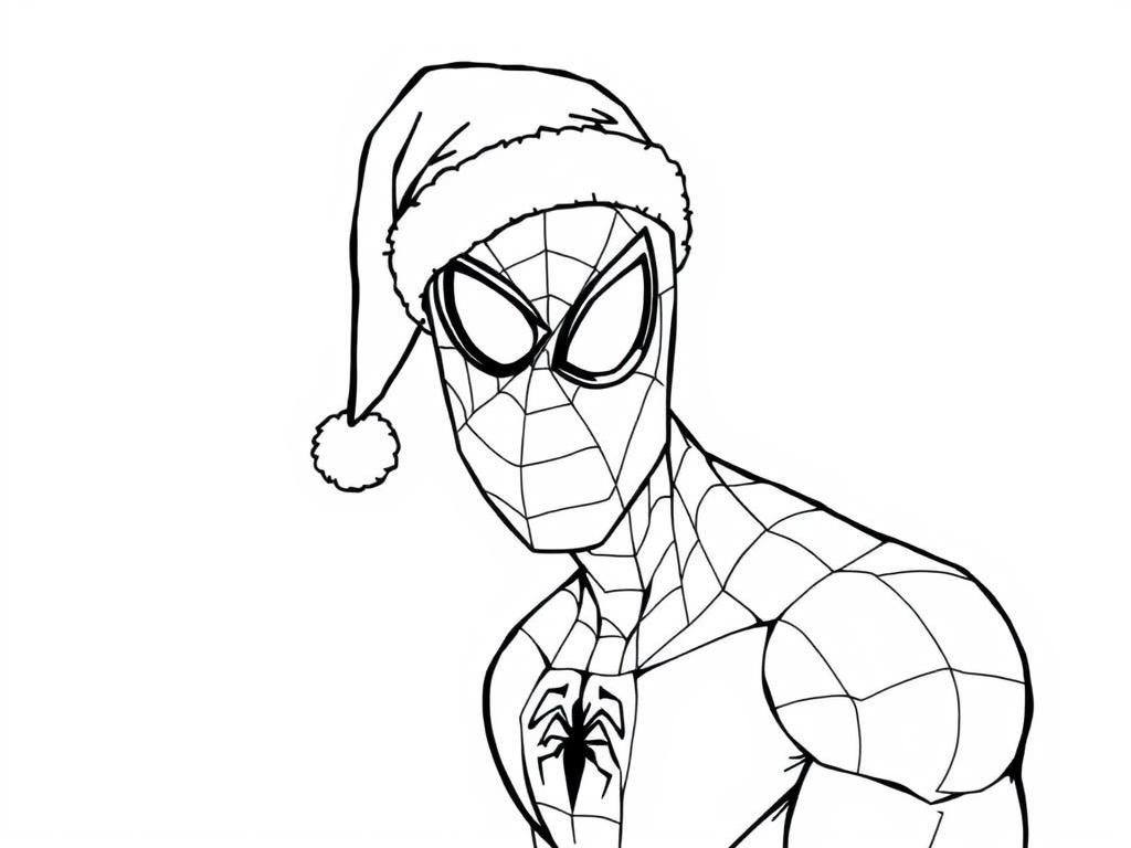 Spider-Man with a Christmas hat - Free Printable Coloring Page