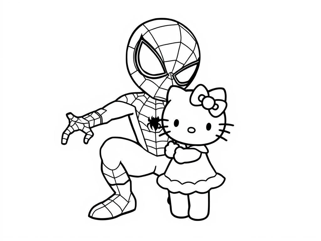 spider man with hello kitty - Free Printable Coloring Page
