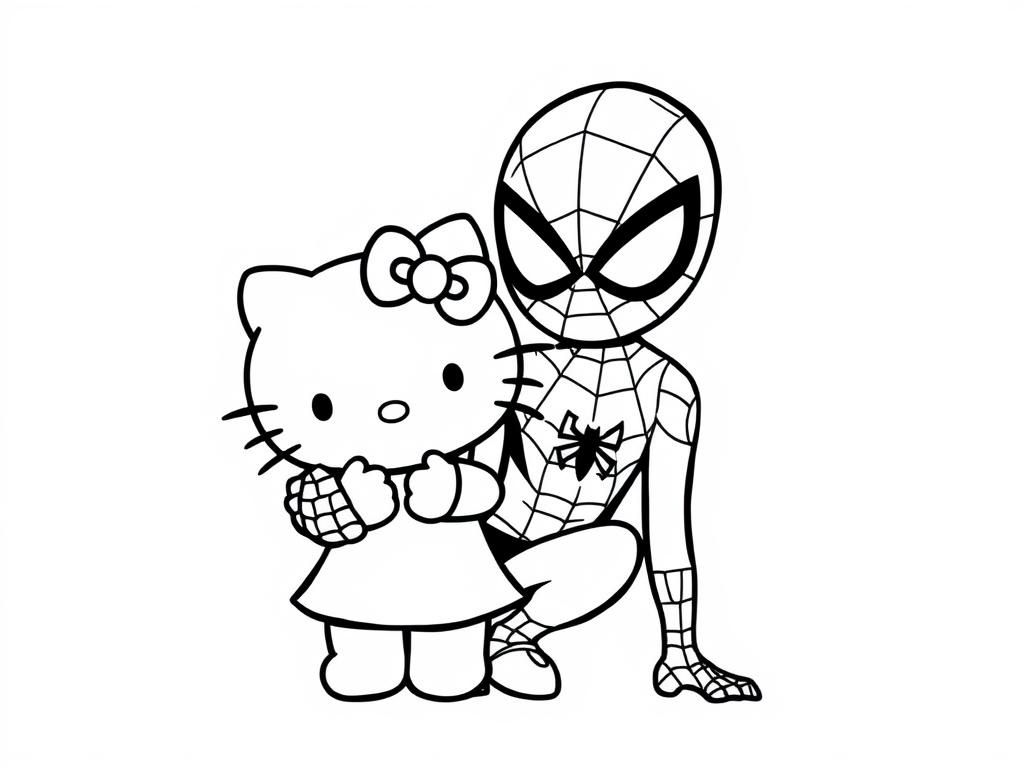 spider man with hello kitty - Free Printable Coloring Page