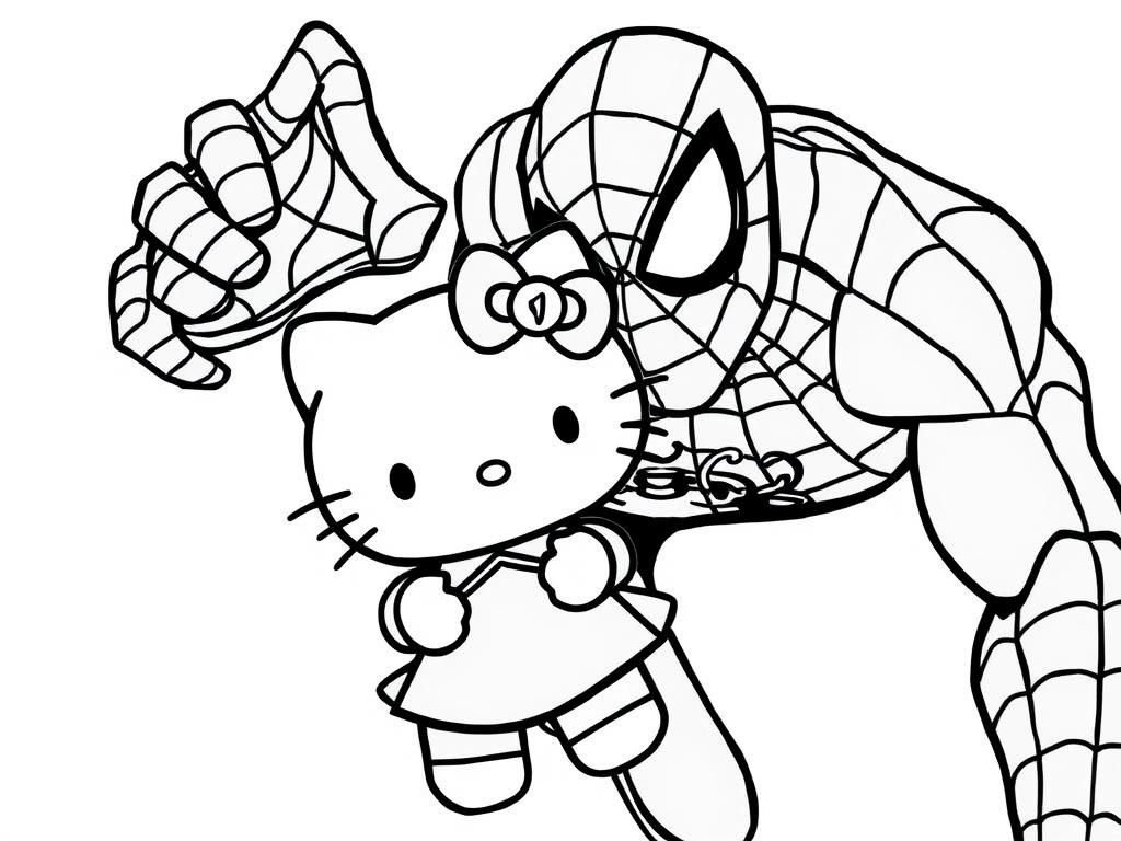 spider man with hello kitty - Free Printable Coloring Page
