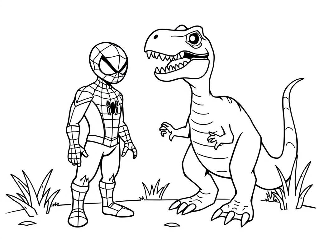 Dinosaur and Spiderman Coloring Page