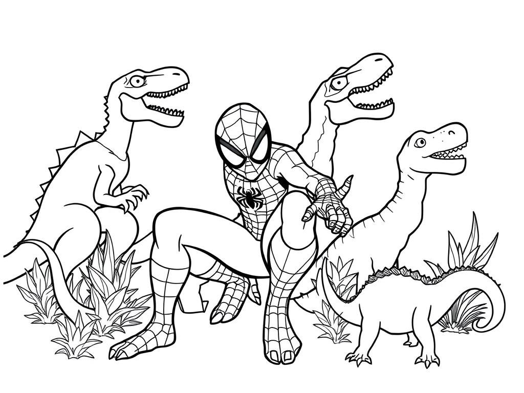 Spiderman and Dinosaurs Coloring Page
