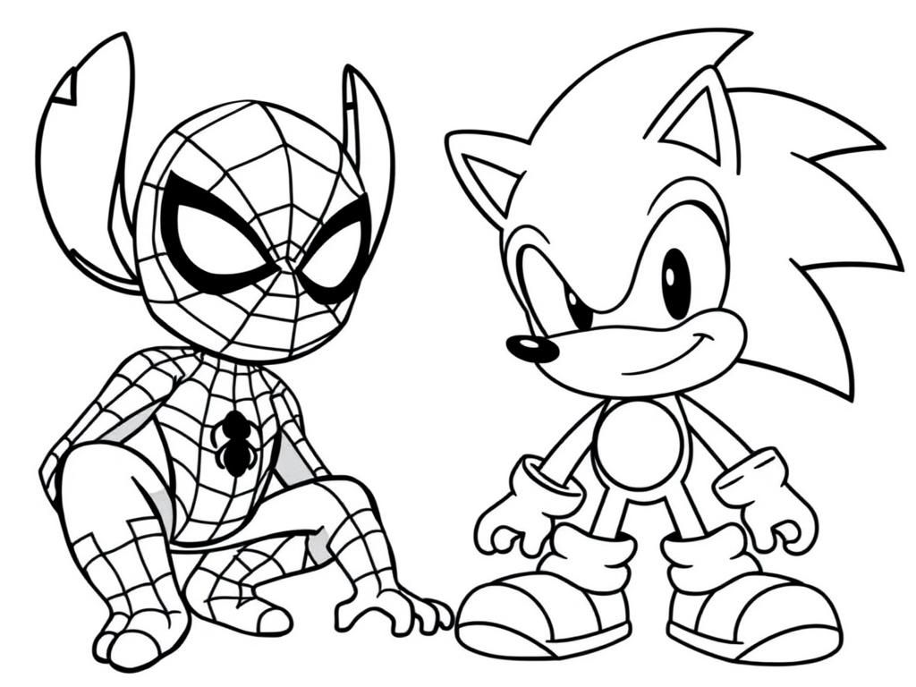 Spiderman and Sonic are staring on Stich - Free Printable Coloring Page
