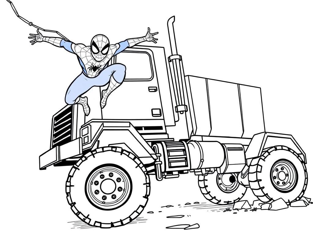 Spiderman as a kid, jumping over a large truck.