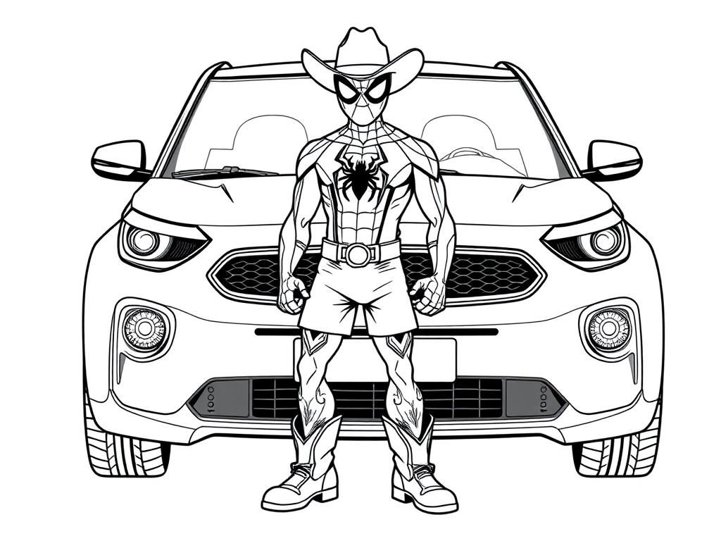 spiderman, but the suit is shorts with tattoos on his legs, wearing a cowboy hat and cowboy boots in front of a kia soul - Free Printable Coloring Page