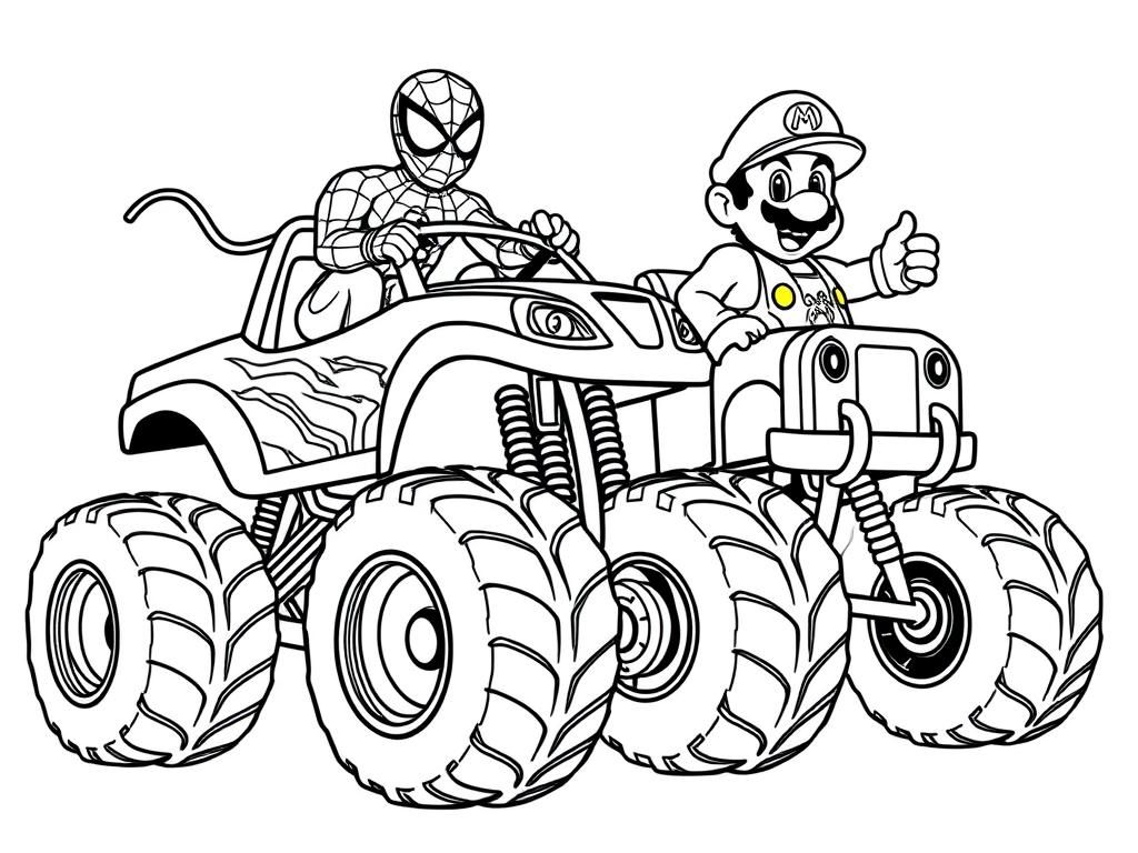 Spider-Man and Mario Monster Truck Coloring Page
