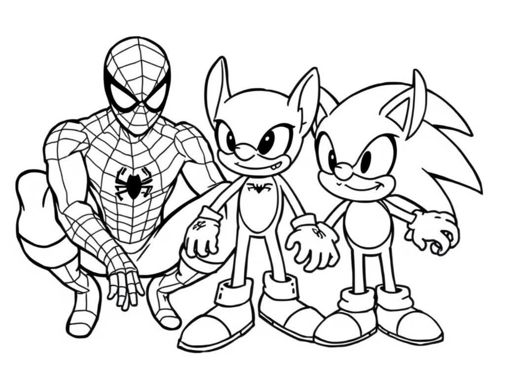 Spiderman, Sonic, Stich - Free Printable Coloring Page