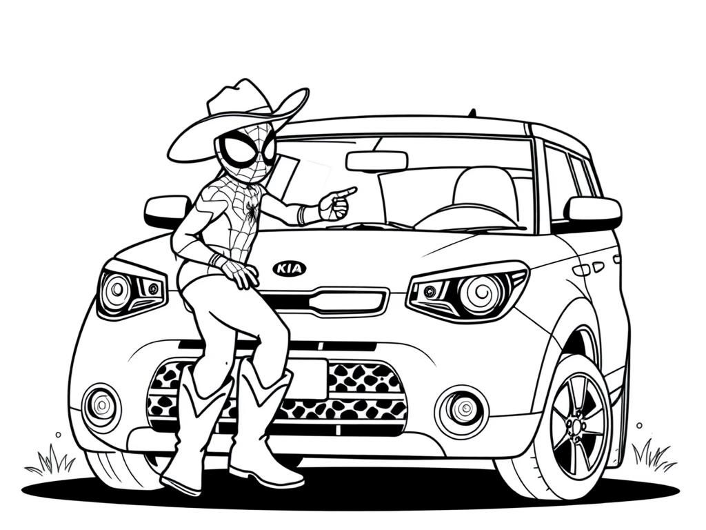 spiderman wearing a cowboy hat and cowboy boots washing a kia soul - Free Printable Coloring Page