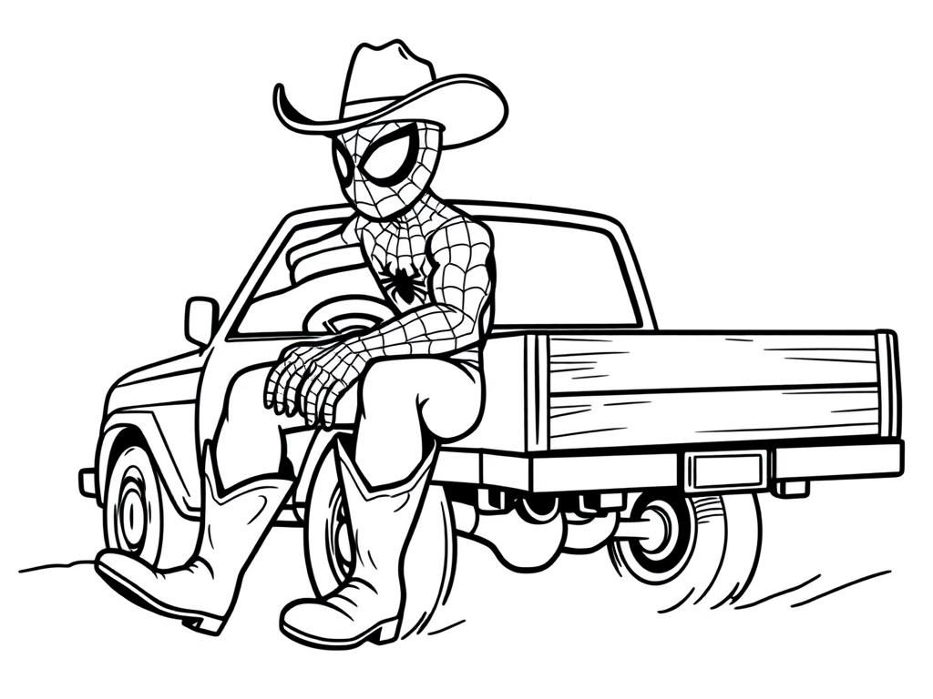 spiderman wearing cowboy boots and a cowboy hat driving a flatbed pickup truck - Free Printable Coloring Page