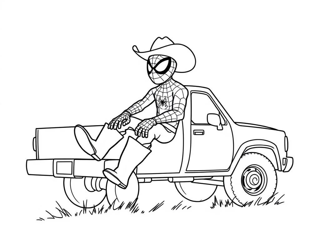 spiderman wearing cowboy boots and a cowboy hat driving a flatbed pickup truck - Free Printable Coloring Page