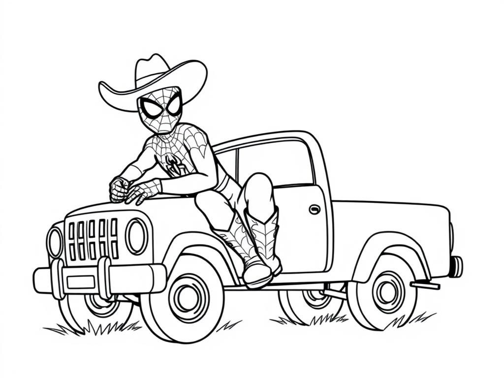 spiderman wearing cowboy boots and a cowboy hat driving a flatbed pickup truck - Free Printable Coloring Page