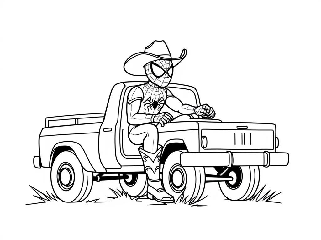 spiderman wearing cowboy boots and a cowboy hat driving a flatbed pickup truck - Free Printable Coloring Page