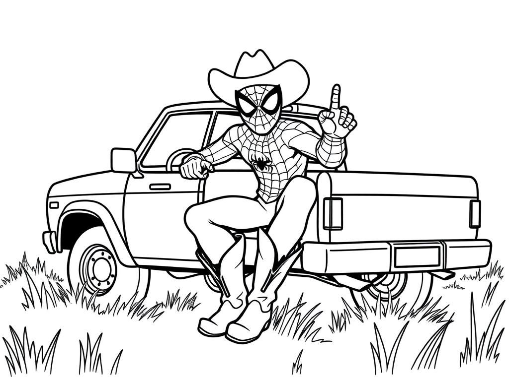 spiderman wearing cowboy boots and a cowboy hat driving a pickup truck - Free Printable Coloring Page