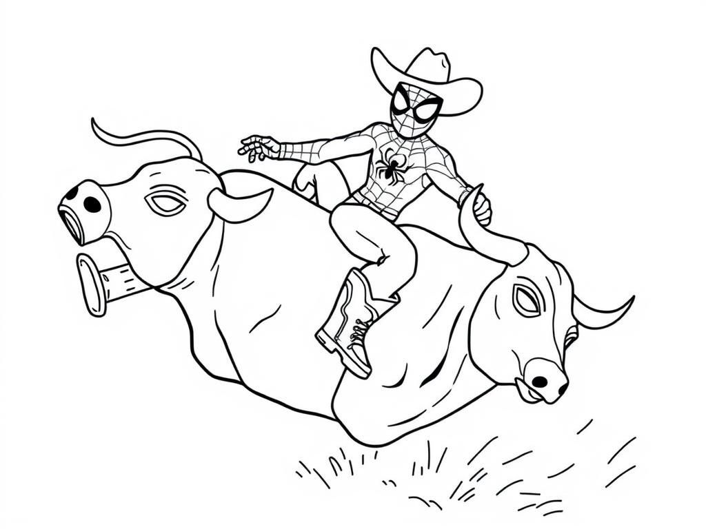 spiderman wearing cowboy boots and a cowboy hat while riding a mechanical bull - Free Printable Coloring Page